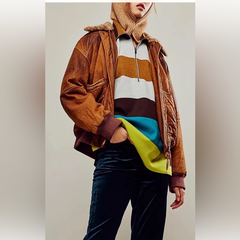 Free People Coastal Stripe Pullover Print Zip Front Slouchy Olive Lime Combo
